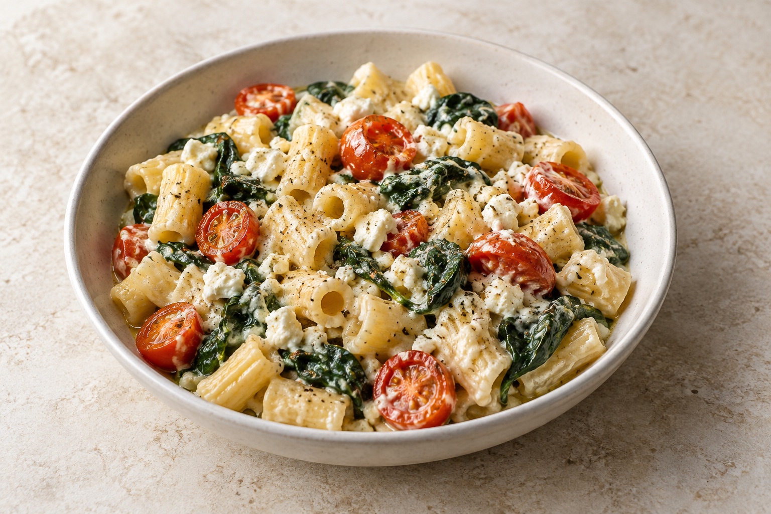 Cremige Tomaten-Spinat-Pasta mit Feta